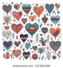Charming set of doodle heart illustrations with hand-drawn elements. The set of sense of warmth, love, and creativity