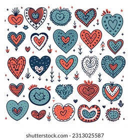 Charming set of doodle heart illustrations with hand-drawn elements. The set of sense of warmth, love, and creativity