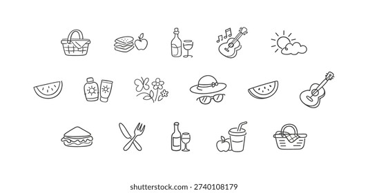 A charming set of doodle-style illustrations depicting various picnic essentials and activities, perfect for summer themes