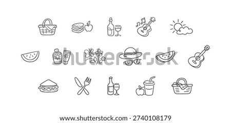 A charming set of doodle-style illustrations depicting various picnic essentials and activities, perfect for summer themes