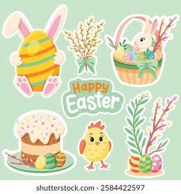 A charming set of Easter-themed stickers on a pastel green background, featuring a bunny with an egg, a chick, willow branches, an Easter cake, and "Happy Easter" text. Designed for printable crafts