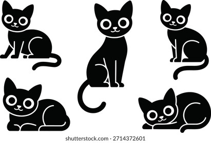Un encantador conjunto de cinco ilustraciones minimalistas de gatos negros, cada una con ojos grandes distintivos, capturados en varias poses adorables.