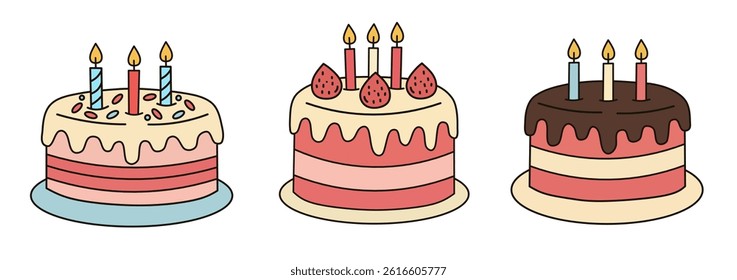 A charming set of flat-style birthday cakes featuring vibrant layers, sweet toppings, and pastel-colored candles. Perfect for party invitations, greeting cards, posters, and festive digital designs.