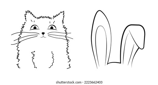 Charming set of fluffy cat face and rabbit ears. Vector illustration.