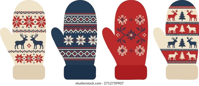 Un encantador conjunto de cuatro mitones de punto distintos, adornados con acogedores patrones nórdicos y festivos como copos de nieve y renos, perfectos para el calor del invierno y las celebraciones navideñas