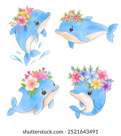 Un encantador conjunto de cuatro delfines adornados con vibrantes coronas florales, pintadas a mano en estilo acuarela.