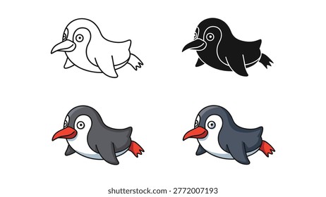 A charming set of four illustrations featuring a cute cartoon penguin with distinctive features like a red beak and flippers, in outline, silhouette, and two detailed color versions. Perfect for anima