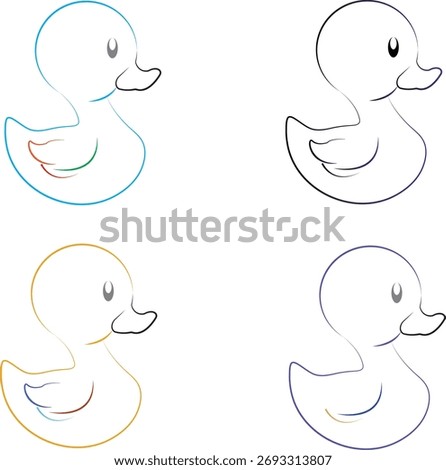 A charming set of four minimalist duck illustrations arranged in a 2x2 grid, each rendered with unique line colors and wing accents.