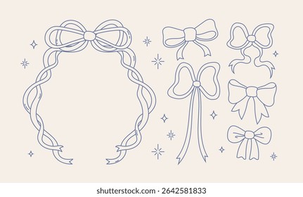 Charming set of hand drawn bow ribbons in cute kawaii vintage retro style. Ideal for decoration, crafts, scrapbooking, stationery, and fashion accents.