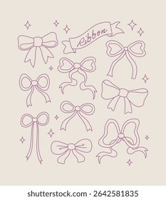 Charming set of hand drawn bow ribbons in cute kawaii vintage retro style. Ideal for decoration, crafts, scrapbooking, stationery, and fashion accents.