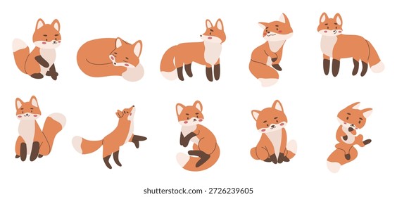 um charmoso conjunto de personagens de raposa desenhados à mão em vários