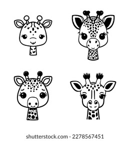 A charming set of Hand drawn line art illustrations featuring cute anime giraffe heads, perfect for adding a touch of whimsy to any project