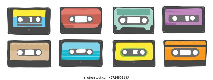 um conjunto encantador de fita cassete retro desenhada à mão