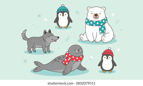 A charming set of hand-drawn cartoon Arctic animals featuring a polar bear penguins a seal and a wolf wearing winter accessories like scarves and hats in the snow