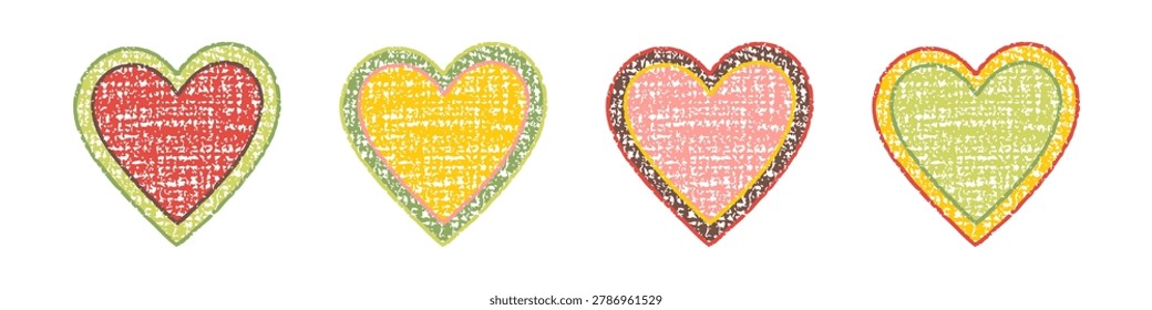 Charming set of hand-drawn hearts with vibrant layered colors and authentic rough crayon and pastel texture. Playful vintage scrapbook style doodles on white background.