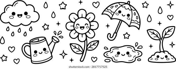 A charming set of hand-drawn kawaii doodles featuring happy weather and garden elements. Includes a smiling cloud, rainy umbrella, cheerful flower, watering can, and a little sprout. Perfect for coloring pages, educational materials, and children art.