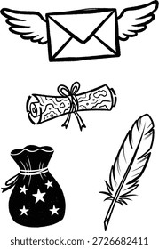 Um charmoso conjunto de ícones de vetor desenhados à mão com um envelope de correio alado, uma rolagem de documento antiga, um saco mágico cheio de estrelas e uma caneta de pena clássica