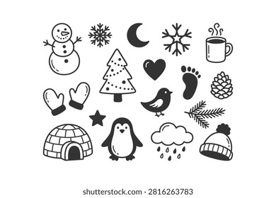 A charming set of hand-drawn winter and Christmas themed icons, including a snowman, snowflakes, penguin, igloo, tree, hat, and mittens