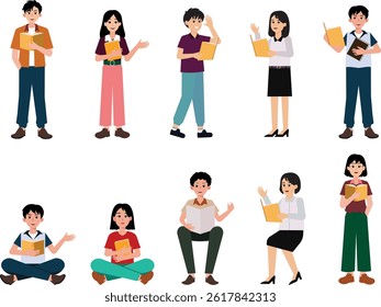 A charming set of illustrations featuring student characters reading books in various poses, for educational content, literacy campaigns, school materials, and learning-themed designs.
