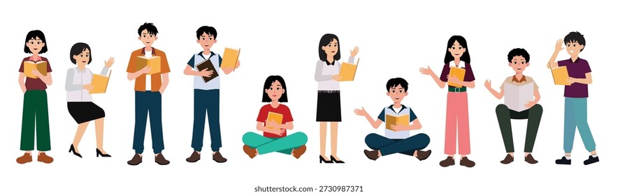 um charmoso conjunto de ilustrações com personagens estudantis