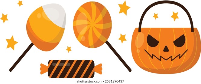 Encantador Conjunto de Jack O' Lanterna Balde de Halloween com Doces - Ilustração Vetor