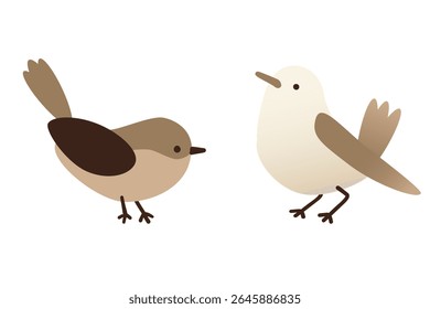 Um charmoso conjunto de pequenos pássaros minimalistas em tons macios de marrom e creme. Silhuetas delicadas e paleta neutra fazem com que seja ideal para designs inspirados na natureza, papelaria ou decoração de casa. Vetor