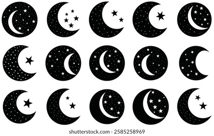 A charming set of moon and stars icons, perfect for night sky, celestial, and dreamy design projects.