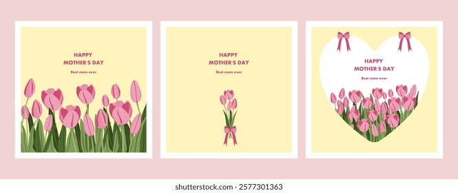 A charming set of Mother's Day cards with a blooming pink tulip garden represents the essence of love and gratitude for mothers.