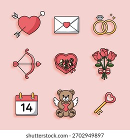 Un encantador conjunto de nueve iconos de contorno plano que representan temas del Día de San Valentín, el amor y el romance sobre un fondo rosa suave.