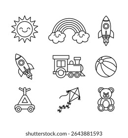 A charming set of outline icons for children's toys and playtime, including a sun, rainbow, rockets, train, ball, balance bike, kite, and teddy bear.