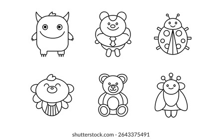 A charming set of outline icons featuring various cute characters and toys like a monster, bear, ladybug, and teddy bear. Perfect for children's books, games, or educational materials.