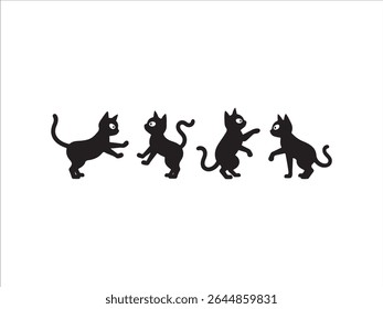 A charming set of playful, black silhouette cats in various dynamic poses, designed on a pristine white background