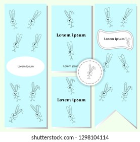 charming set of postcards with cute contour rabbits on a turquoise background. Flags, certificates, flyers or banners for children. Cute design style with bunnies.