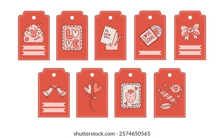 A charming set of red Valentine’s Day gift tags featuring adorable hand-drawn designs, including love letters, stamps, lovebirds, hearts, candies, and romantic messages, perfect for gift wrapping