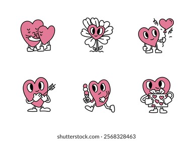 A charming set of retro-style heart characters perfect for Valentine's Day themes. Ideal for cards, prints, or digital media. set3