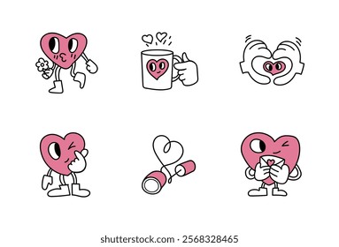 A charming set of retro-style heart characters perfect for Valentine's Day themes. Ideal for cards, prints, or digital media. set2