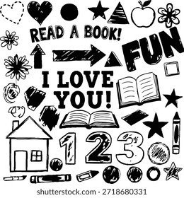 Un encantador conjunto de Elementos de doodle ásperos y dibujados a mano con números, letras e íconos simples, perfectos para libros infantiles o materiales de clase.