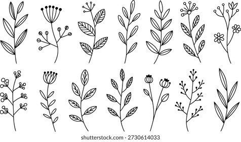 A charming set of simple black and white line art featuring various plants, leaves, and berries, perfect for invitations or decorations.