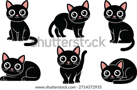 A charming set of six adorable cartoon black cat illustrations, each with large eyes and distinct poses, isolated on white.