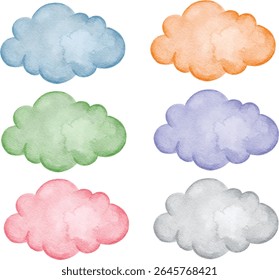 Um conjunto encantador de seis nuvens pintadas à mão em aquarela em tons pastel macios. Cada nuvem é isolada em um fundo branco limpo, perfeito para decoração infantil, cartões de felicitações, scrapbooking e muito mais.