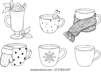 A charming set of six hand-drawn illustrations featuring various mugs and cups filled with hot beverages, adorned with winter-themed elements like scarves, mittens, and holly.