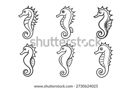 Charming set of six hand-drawn seahorse illustrations in black and white, isolated on a clean white background, perfect for logos, crafts, and decorative projects.