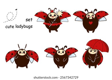 A charming set of six ladybugs with unique expressions and poses. Magic wand, a red umbrella, and various facial emotions ranging from cheerful to grumpy making the set perfect for kids projects