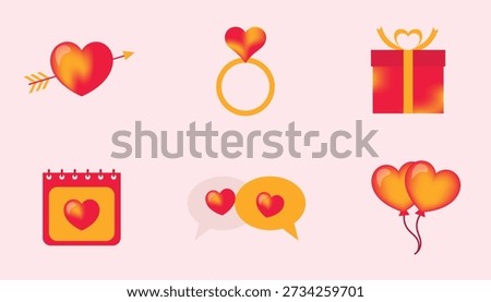 A charming set of six romantic and wedding-themed vector illustrations featuring a warm orange-to-red gradient style. Perfect for Valentine's Day marketing, wedding planning apps and digital greeting 