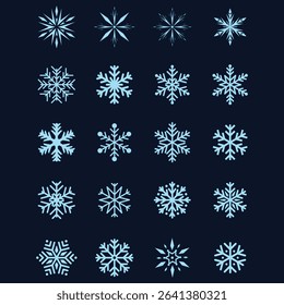 A charming set of snowflake illustrations in lineal hand-drawn style, perfect for winter-themed projects. Includes a variety of symmetrical, icy