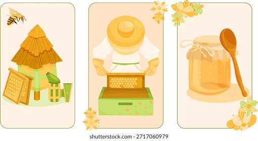 Ein charmantes Set von drei Postkarten mit Imkereithemen, die einen rustikalen Bienenstock, einen Imker bei der Arbeit und ein Glas goldenen Honig mit floraler Dekoration zeigen. Handgezeichnete Vektorgrafik.