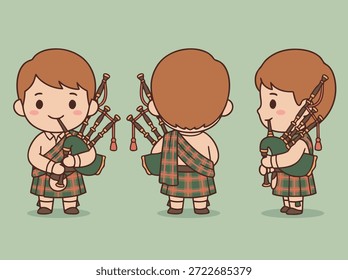 Um charmoso conjunto de três personagens de desenhos animados em trajes escoceses tradicionais, mostrados de frente, de trás e de vista lateral.