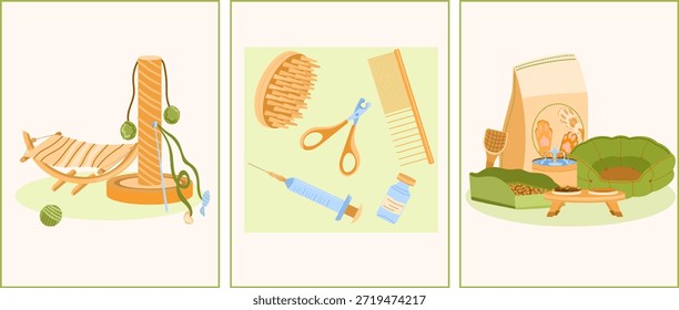 Encantador conjunto de tres postales para mascotas muestra artículos esenciales para el cuidado del gato. Cada mini escena refleja un aspecto diferente del cuidado de una mascota querida. 