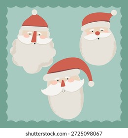 Um charmoso conjunto de três faces estilizadas do Papai Noel ilustrado em um estilo de arte popular escandinavo suave. Cada Papai Noel apresenta formas arredondadas, bochechas rosadas, barbas macias e expressões caprichosas, definidas contra um fundo azul-petróleo com uma borda decorativa recortada. A obra de arte tem uma sensação acolhedora de Natal em meados do século, perfeita para cartões de férias, papel de presente, desenhos infantis, marca sazonal e decoração festiva. A textura quente e desenhada à mão e o design de personagem lúdico evocam tradições de inverno nostálgicas e a estética moderna das festas nórdicas.