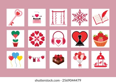 A charming set of Valentines Day-themed vector illustration icons, perfect for love, romance, and holiday-themed projects.